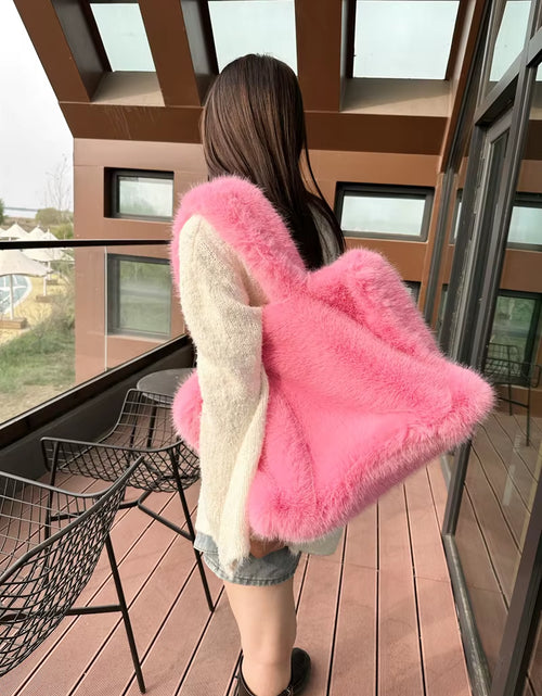 Load image into Gallery viewer, Designer Fluffy Plush Shoulder Bag Warm Faux Mongolian Fur Handbags for Women Brands Large Hobo Shopper Heart Shaped Purses
