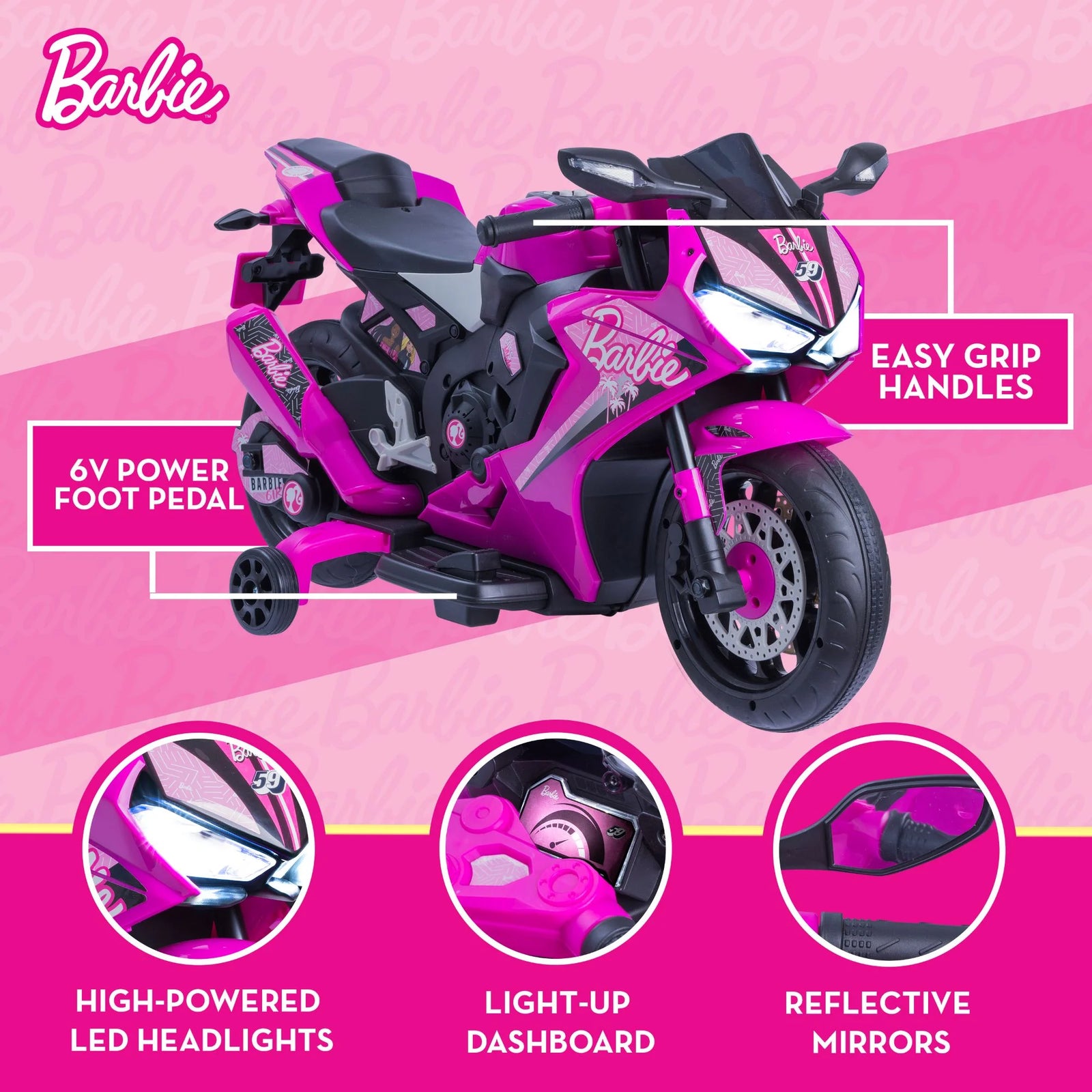 Barbie by , 6 Volts Motorcycle Ride On, for Kids, Ages 3+ Years, up to 65Lbs, 1 Mph