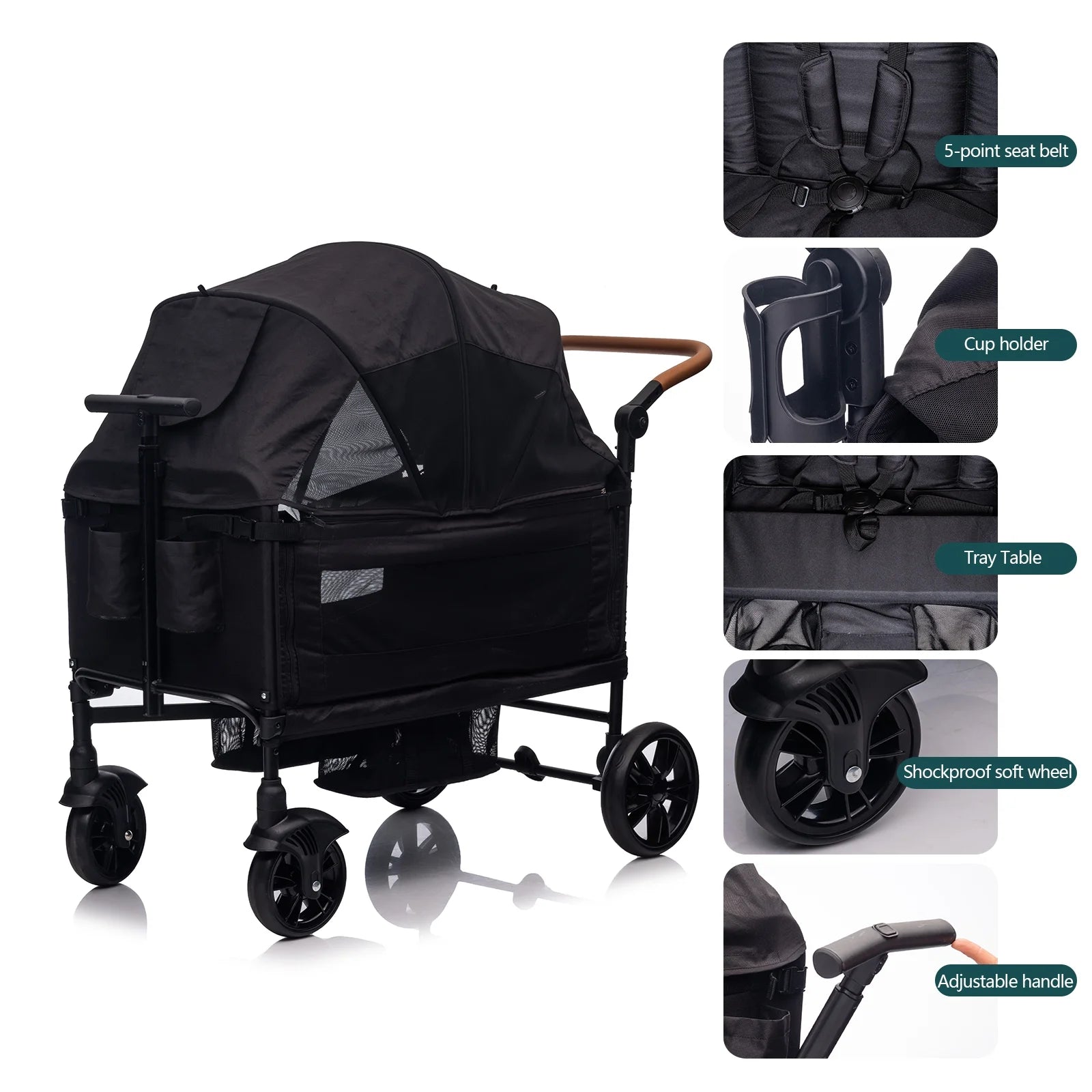 Wagon Stroller for 2 Kids & Cargo,Lightweight Double Stroller Push-Pull Stroller Folding Stroller for Newborn&Toddler with 5-Point Harness,Adjustable Handle Bar and Canopy,Tray Table,Cup Holde