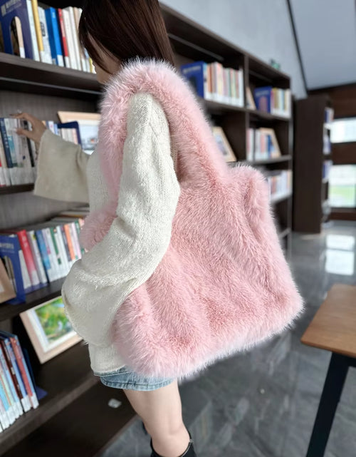 Load image into Gallery viewer, Designer Fluffy Plush Shoulder Bag Warm Faux Mongolian Fur Handbags for Women Brands Large Hobo Shopper Heart Shaped Purses
