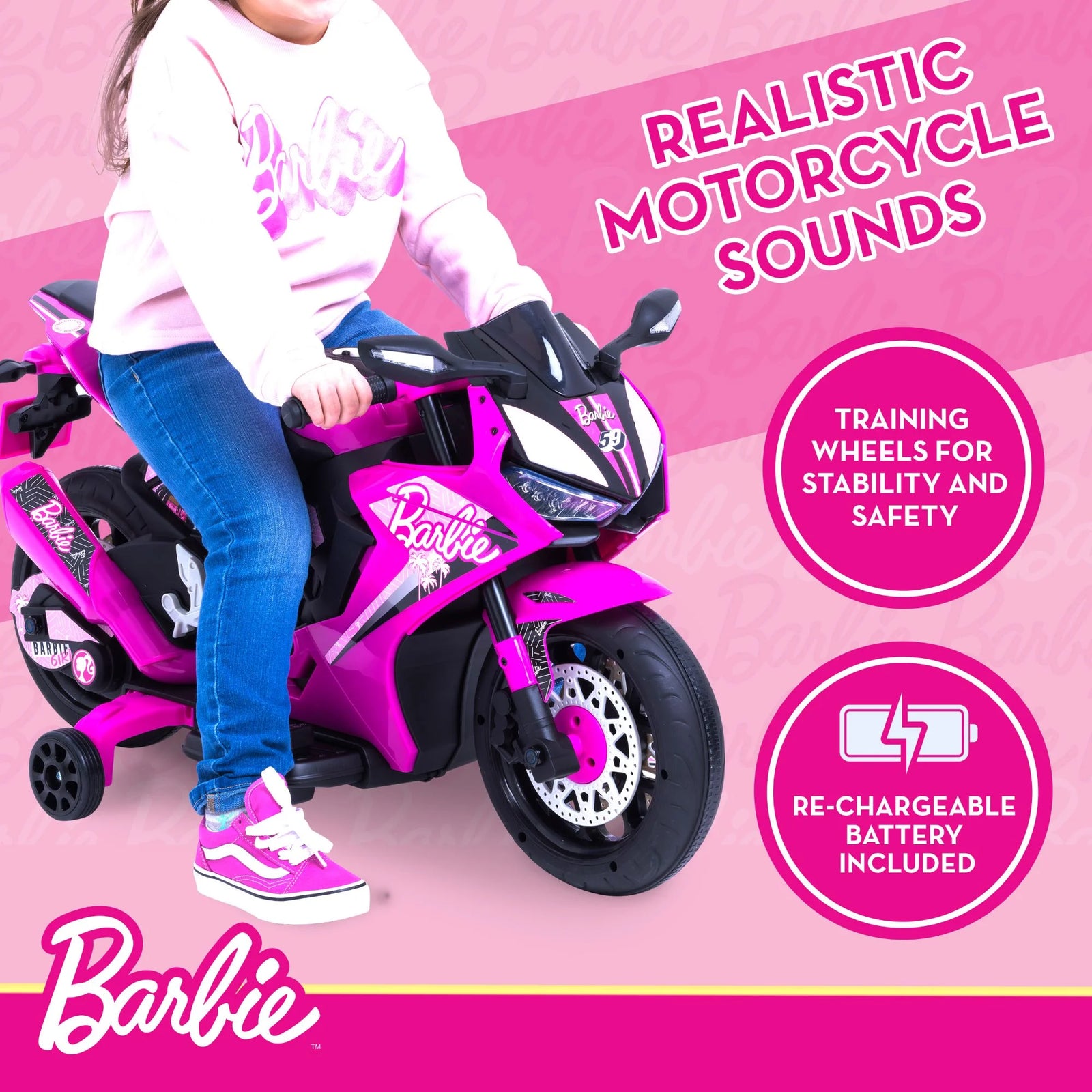 Barbie by , 6 Volts Motorcycle Ride On, for Kids, Ages 3+ Years, up to 65Lbs, 1 Mph