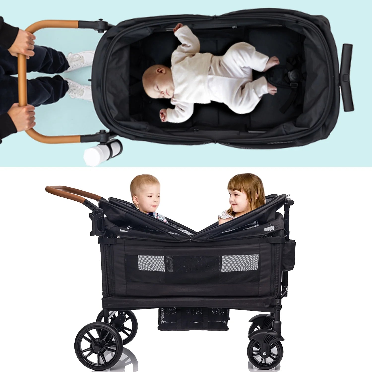 Wagon Stroller for 2 Kids & Cargo,Lightweight Double Stroller Push-Pull Stroller Folding Stroller for Newborn&Toddler with 5-Point Harness,Adjustable Handle Bar and Canopy,Tray Table,Cup Holde