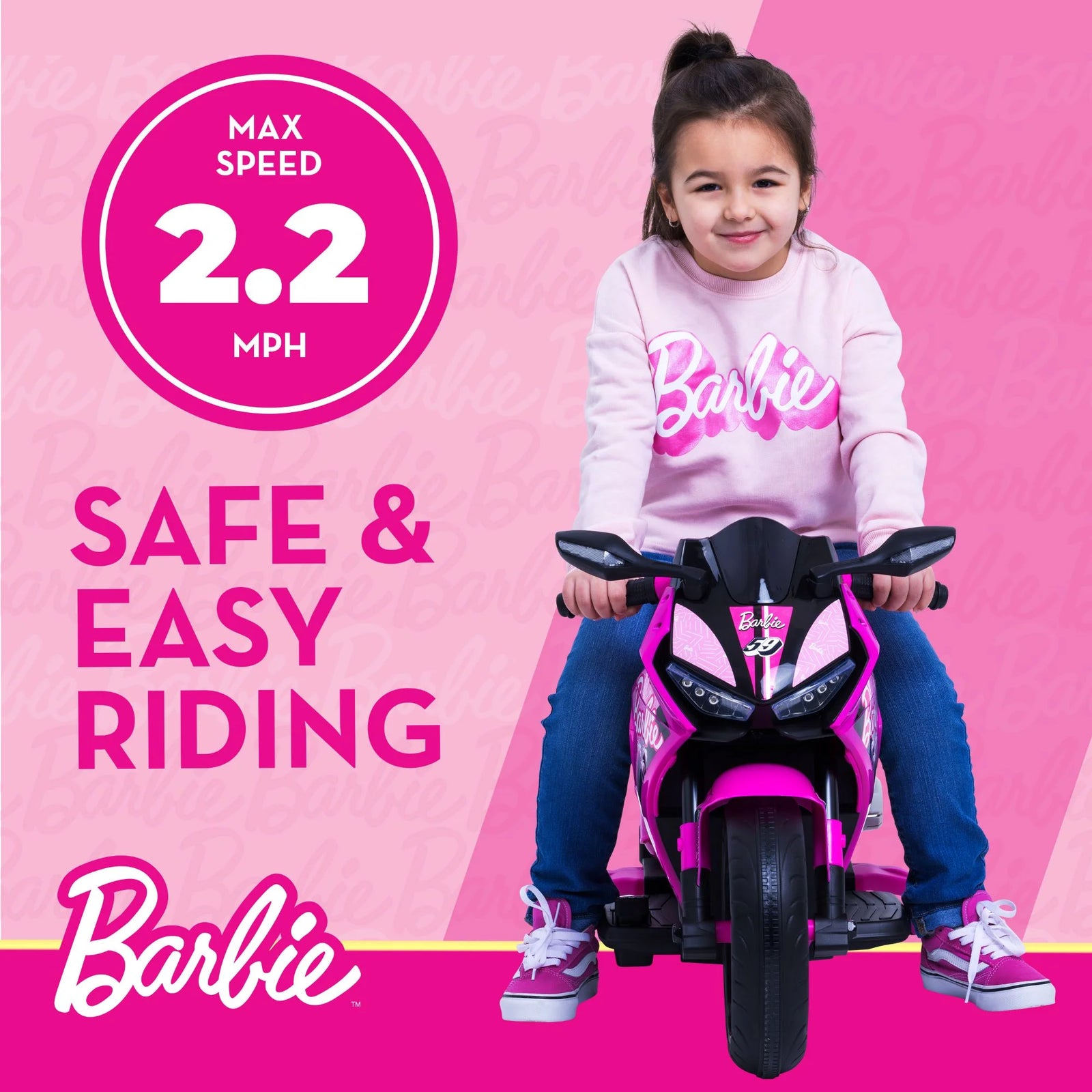 Barbie by , 6 Volts Motorcycle Ride On, for Kids, Ages 3+ Years, up to 65Lbs, 1 Mph